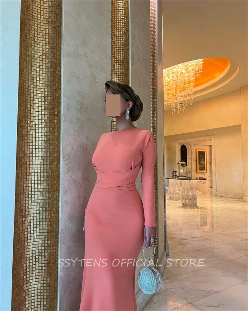 Elegant Long Sleeve Satin Mermaid Floor Length Evening Dress for Women