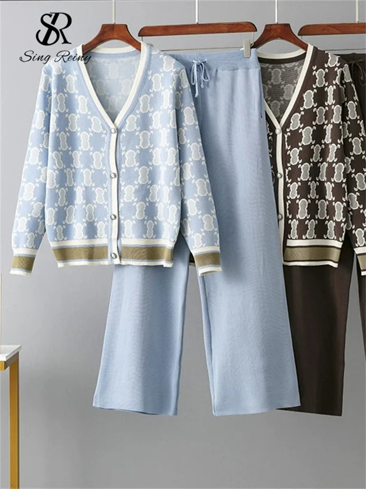 V-Neck Printed Knit Sweater and Pants Set for Women