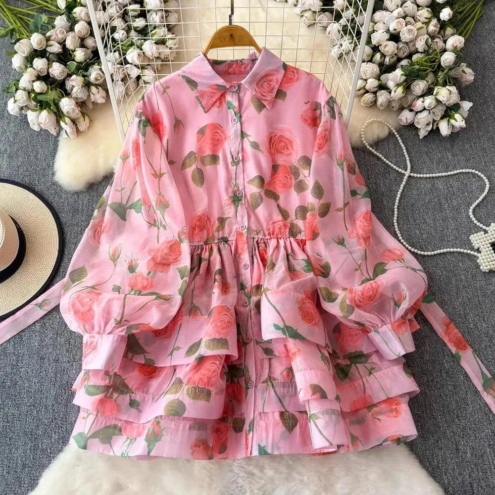 Women Lantern Sleeve Floral Print Lace Up Belt Summer Ball Gown Cute Dress Holiday Gorgeous Flower Ruffles Layer Cake Mini Dress