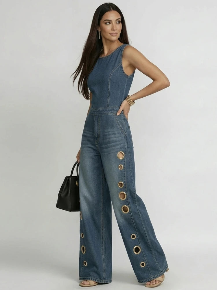 Bonboho Women's Sleeveless Round Neck Eyelet Wide Leg Denim Jumpsuit Casual Streetwear Jumpsuit for Festival & Party Outfits