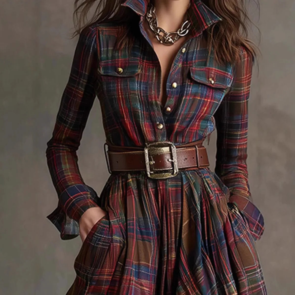 Plaid Button Front Pocket Maxi Dress