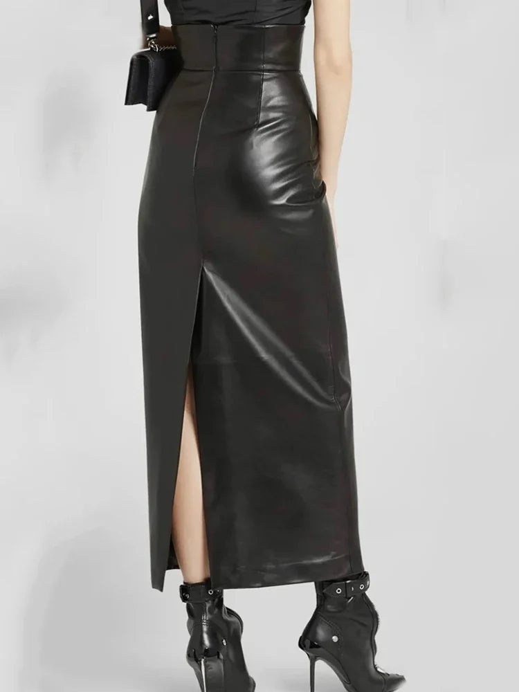 Vintage Faux Leather High Waist Midi Skirt for Women