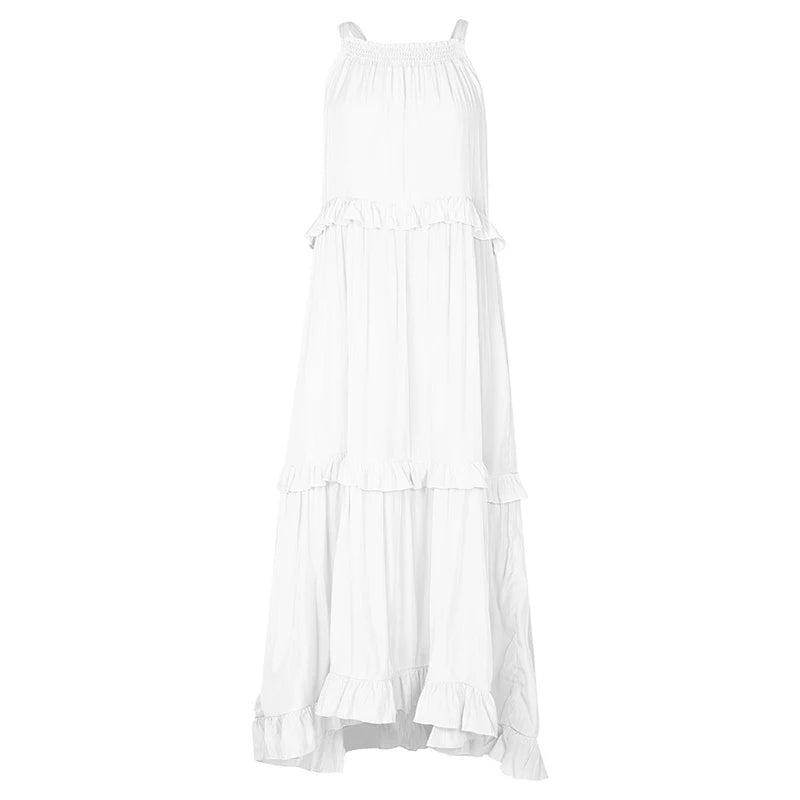 Solid Ruffled Sleeveless Maxi Sundress for Women
