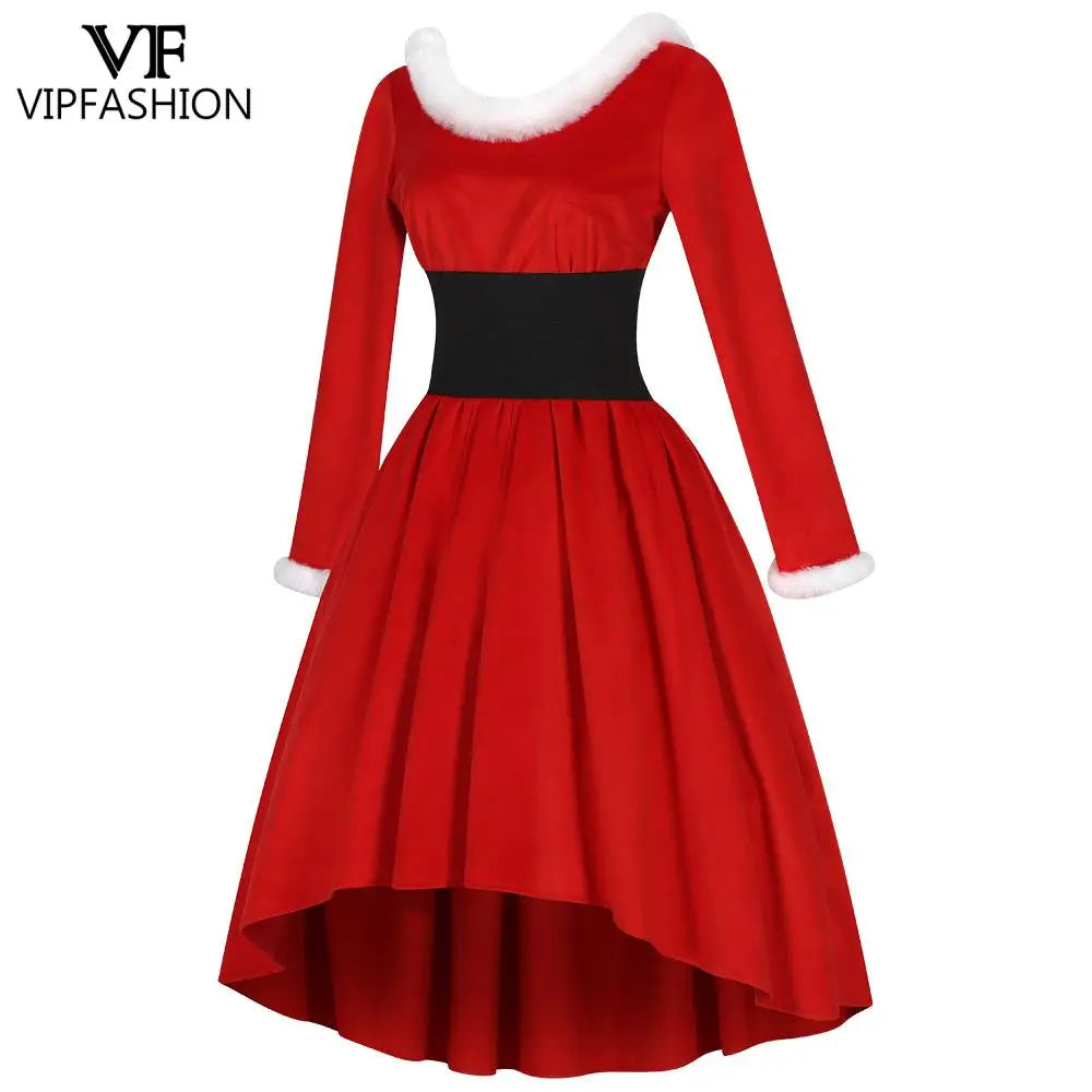 Long Sleeve Red Christmas Santa With Belt Dress for Women