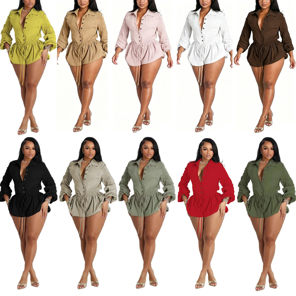 Elegant Ruched Drawstring Lantern Sleeve Romper for Women
