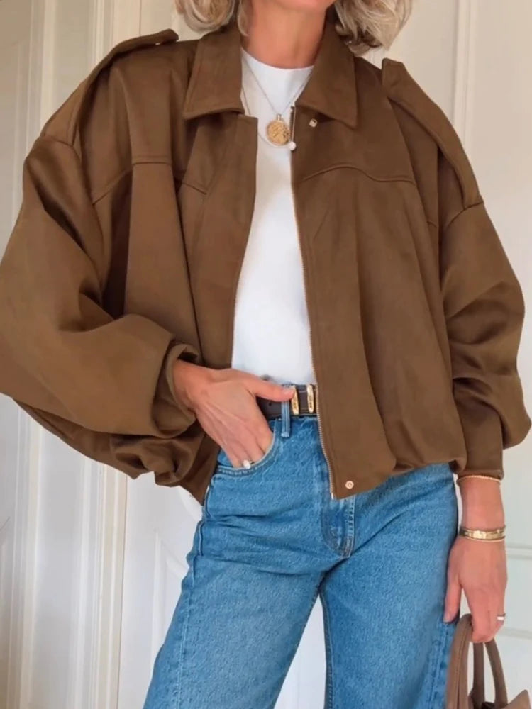 Long Batwing Sleeve Patchwork Zipper Jacket for Women
