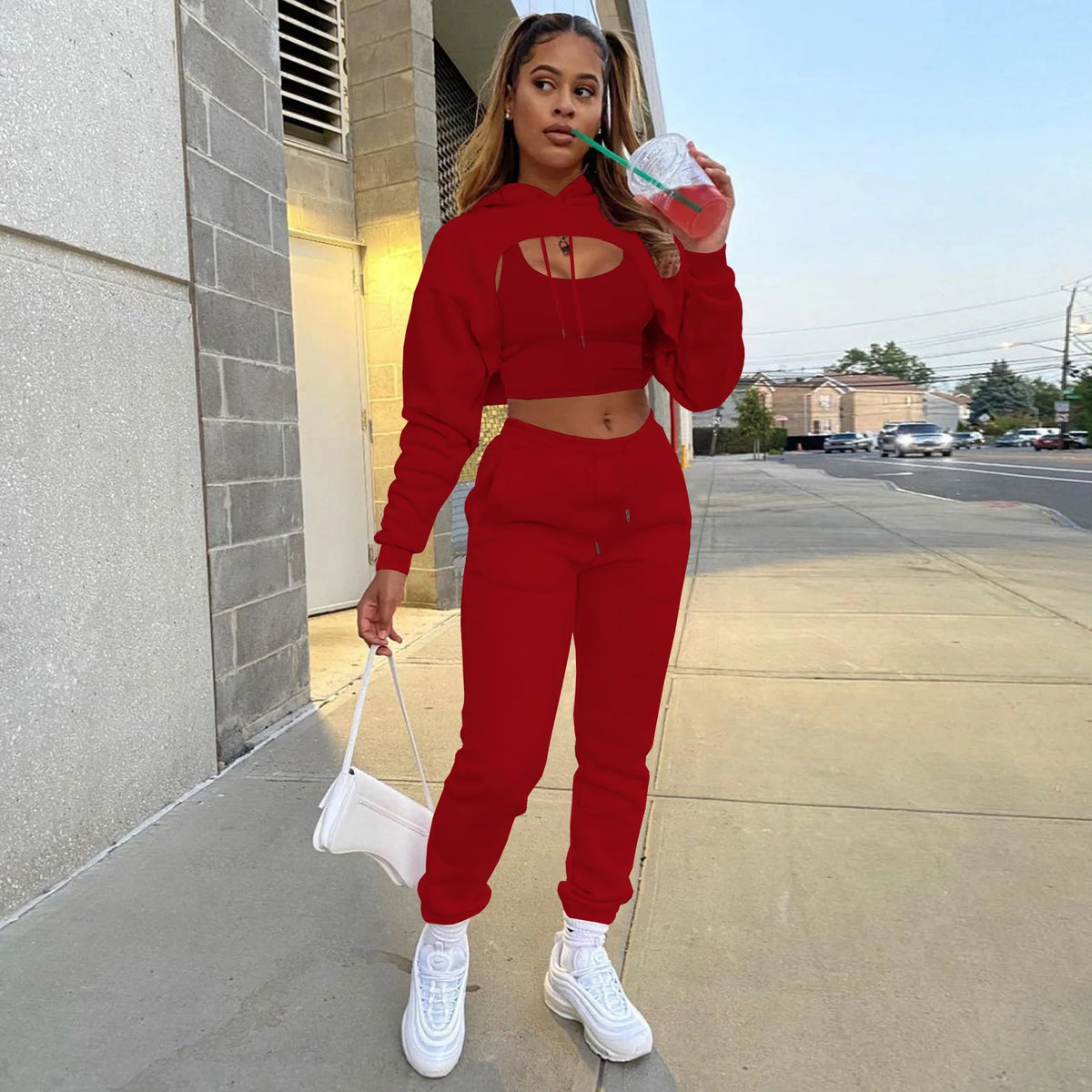 Three-Piece Hooded Sporty Matching Tracksuit Set for Women