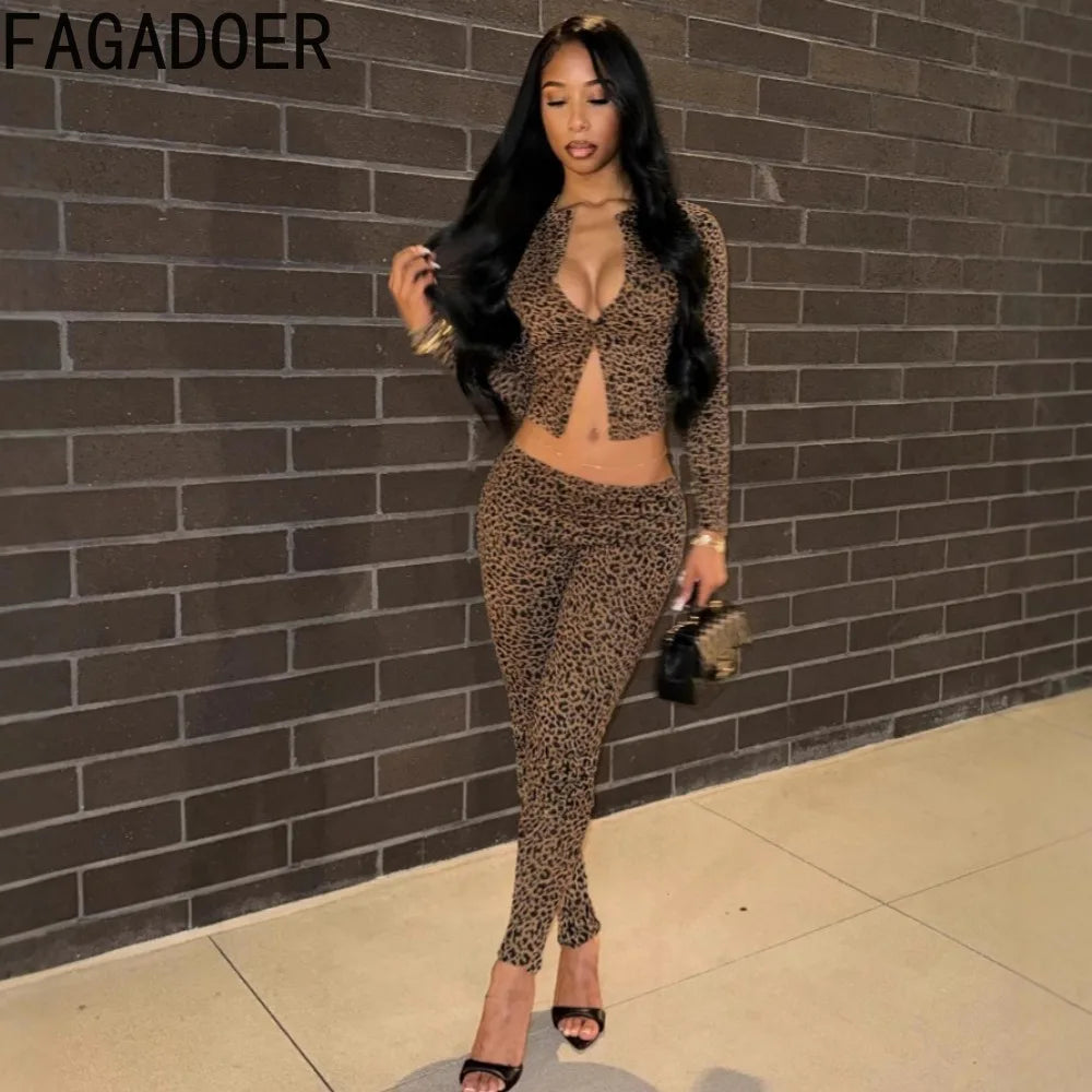 FAGADOER Fashion Leopard Print 2 Piece Sets Women Outfit Long Sleeve Crop Top + Low Waist Skinny Pants Suits Female Streetwear