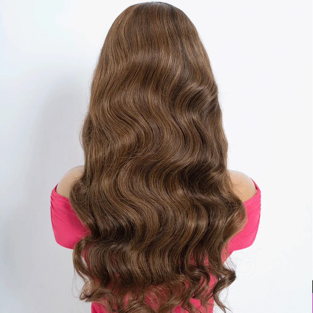 Brown Highlight Body Wave Human Hair Wig With Bangs For Women