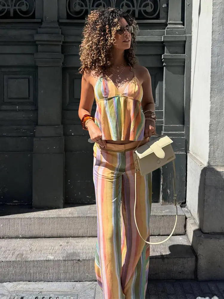 Cotton Striped High Waist Two Piece Summer Set For Women
