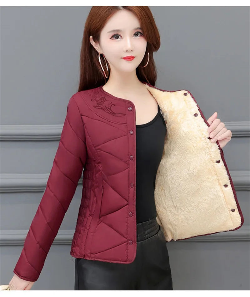 Winter Down Padded Jacket Women's Inner Short Mother's Wear Velvet Thickening Middle-Aged Elderly Mom Wear Pocket Jacket Pink
