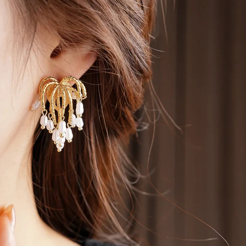 Simulated Pearl Tassel Drop Earrings
