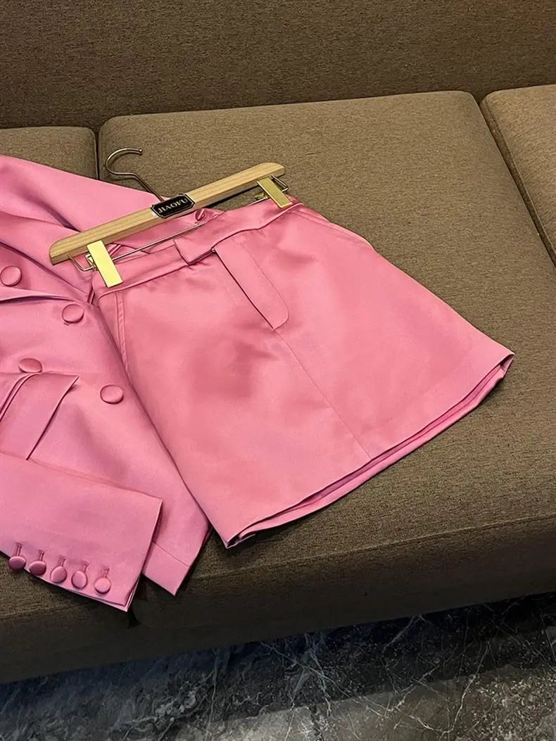 Elegant Pink Long Sleeve Blazer And Short Skirt Set For Women
