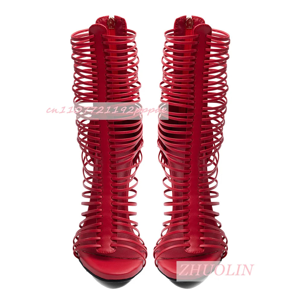 Red Fringe Gladiator Knee High Sandals Open Toe Platform for Women