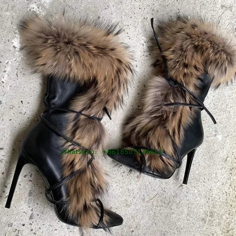 Black Pointed Toe Faux Fur Ankle Boots