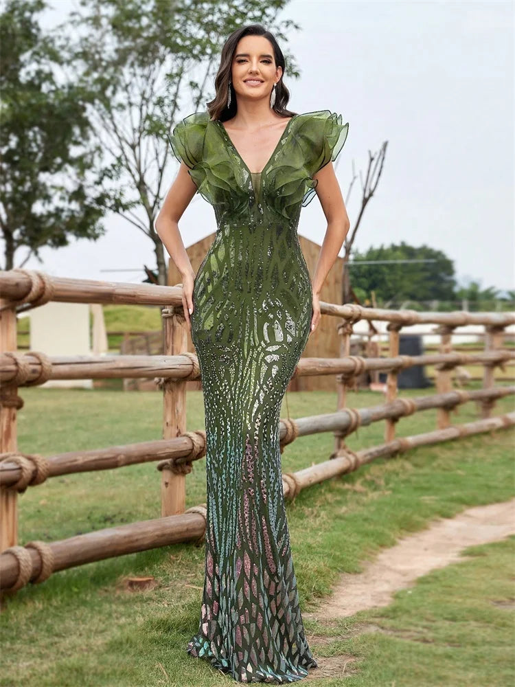 Elegant Black Evening Dresses Women 2025 Luxury Long Mermaid Formal Sequins V-neck Prom Wedding Party Cocktail Gown