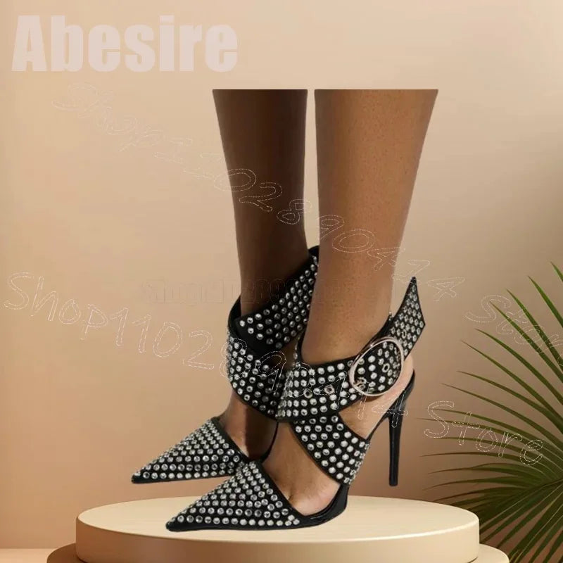 Elegant Black Crystal Pointed Toe Sandals for Women