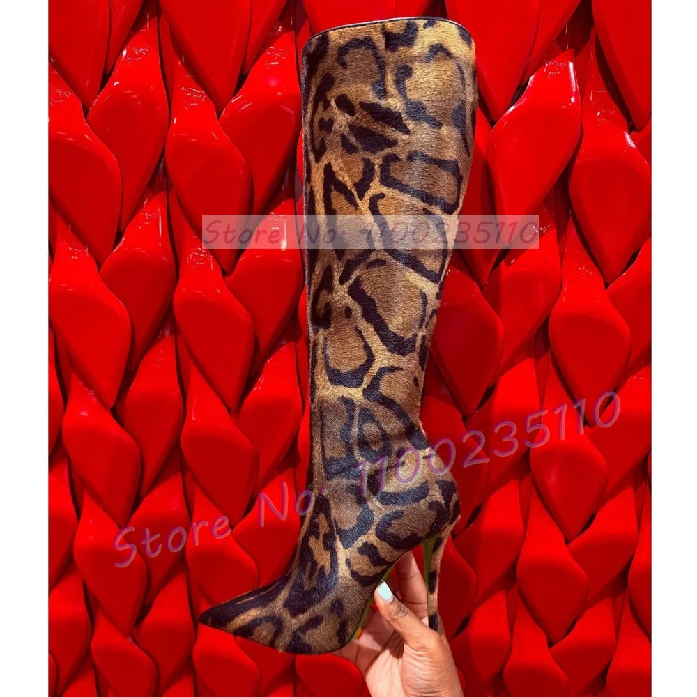 Leopard Print Pointy Toe Knee High Boots for Women