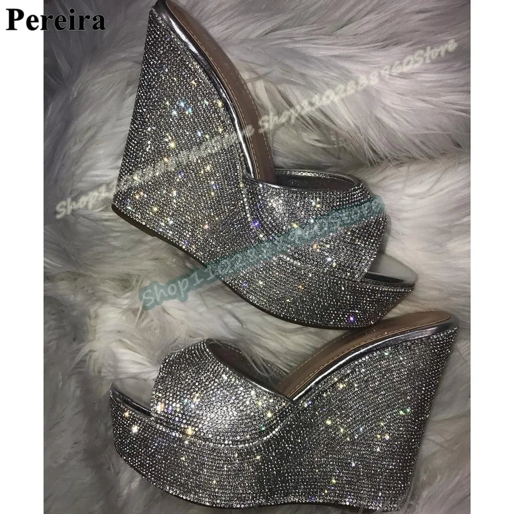 Sparkling Black Full Crystals Platform Slippers Wedges High Heel Shoes For Women Slip On Open Toe Party Fashion Women Slippers