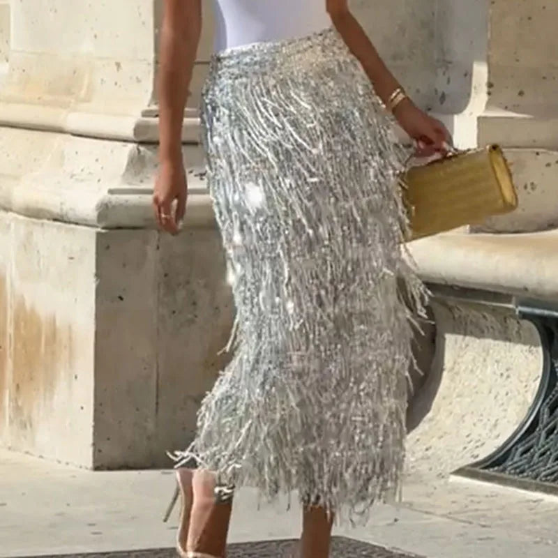 High Waist Sequined Split Tassel Midi Skirt for Women
