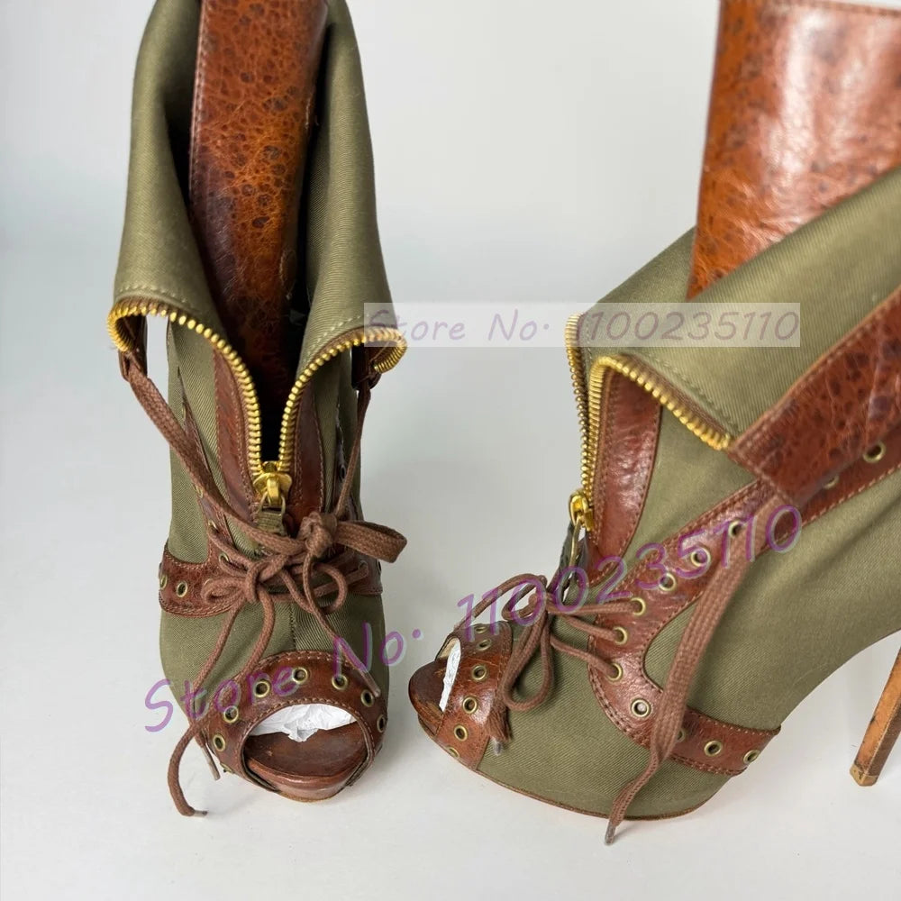 Army Green Denim Patchwork Cross Strap Sandals for Women
