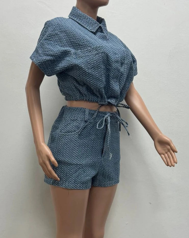 Embroidered Polo Neck Two Piece Denim Shorts Set for Women