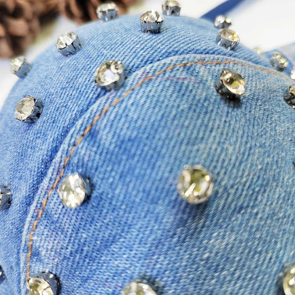 Denim Rhinestone Beaded Spaghetti Strap Bustier for Women