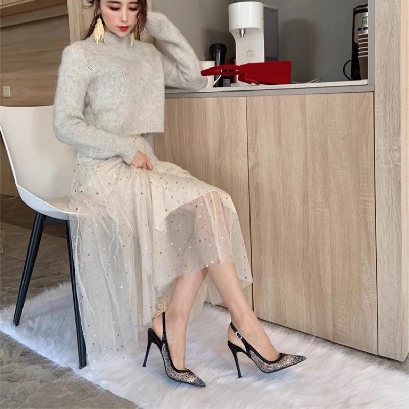Rhinestone Mesh Pointed Toe Thin High Heels for Women
