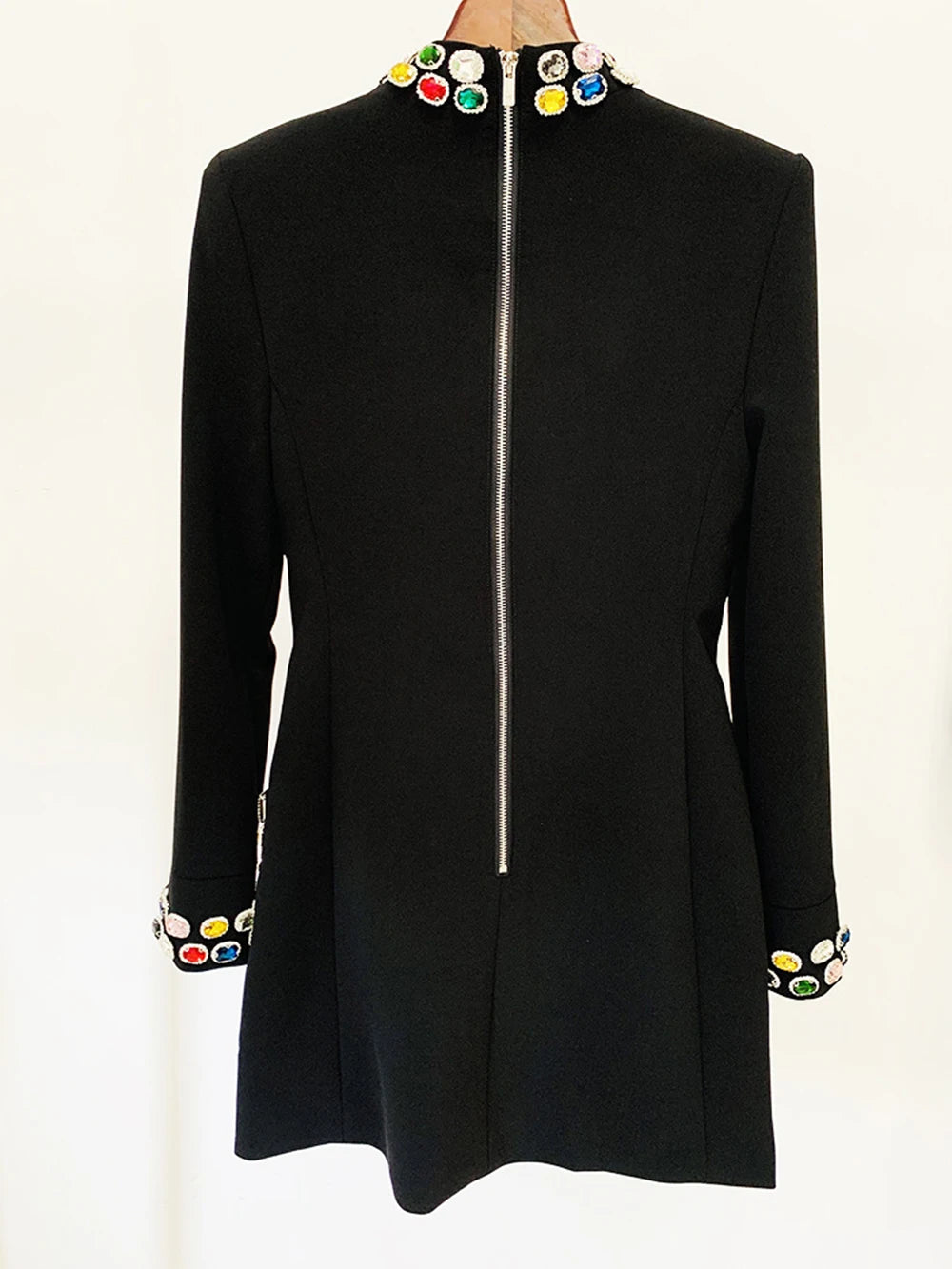 Modphy 2025 New Sparkling Luxury Colored Diamonds Stand Collar Design Mini Dress Women'S Long Sleeved Fashion Elegant Vestidos