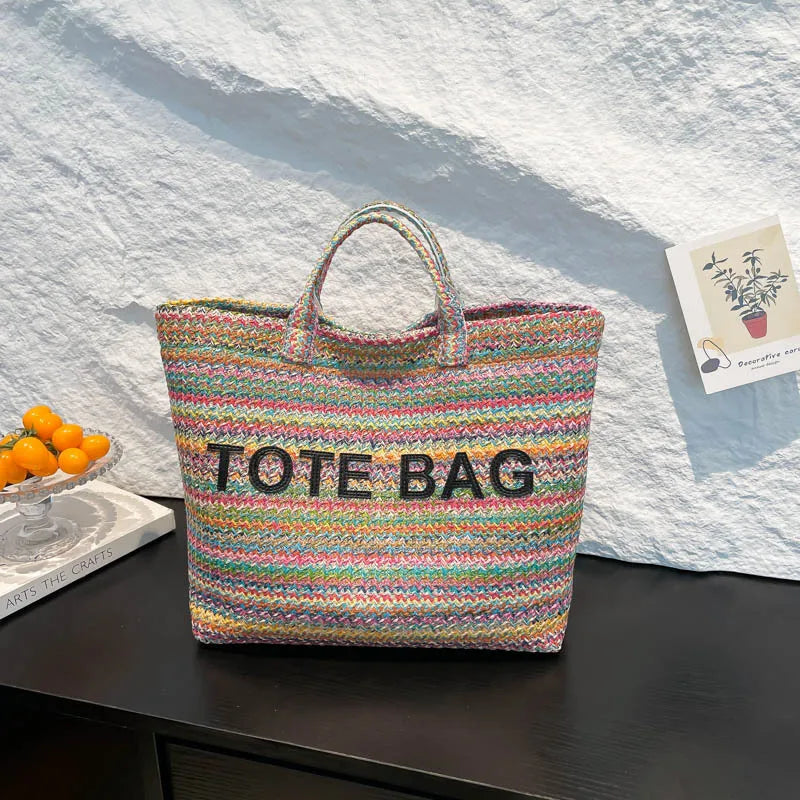 Large capacity beach woven bag, colorful striped tote bag, letter contrasting handbag for women