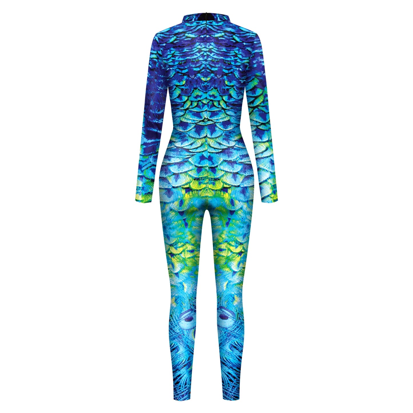 Peacock Feather Print Long Sleeve Elastic Jumpsuit for Women