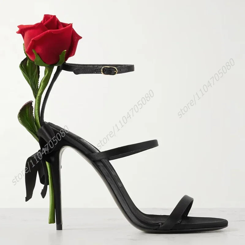 Elegant Black Leather Rose Flower Heel Sandals For Women