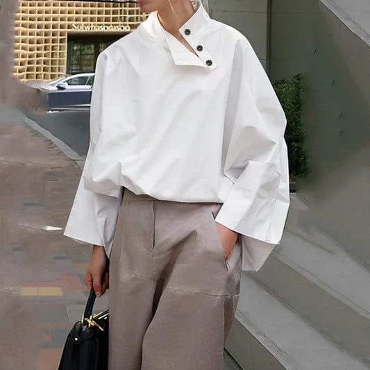 Beautyblue Women's Ubran Blouses White Shirts Tops Fashion Cotton Stand Collar Loose Long Sleeves Buttons Simple Women Clothing