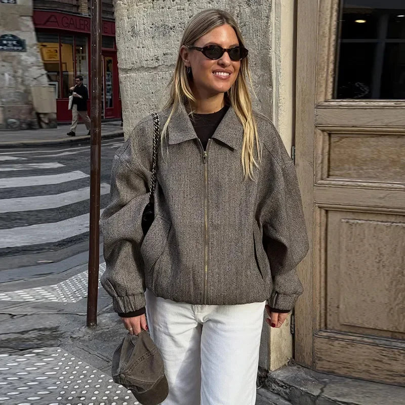 Zipper Front Lapel Jacket And Shorts Set + For Women