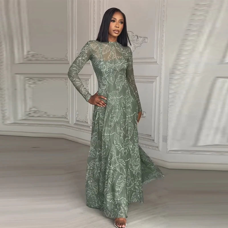 Beach Print Pleated Long Sleeve Maxi Dress for Women