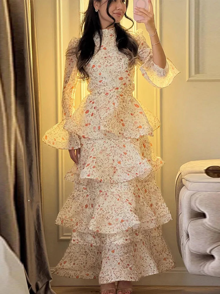 Chic Floral Bell Sleeve Floor-Length Dress For Women