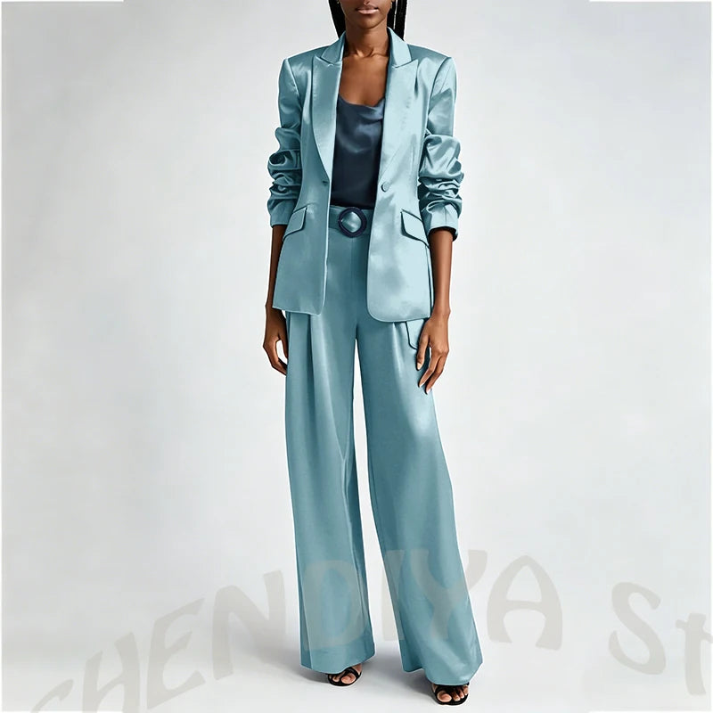 Women's Two Pieces Set Satin Peaked Lapel Elegant Fashion Single Button Straight Professional Tailor-Made Jacket with Pants