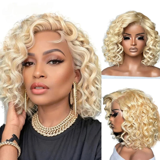 Short Blonde Curly Lace Front Synthetic Wig for Women