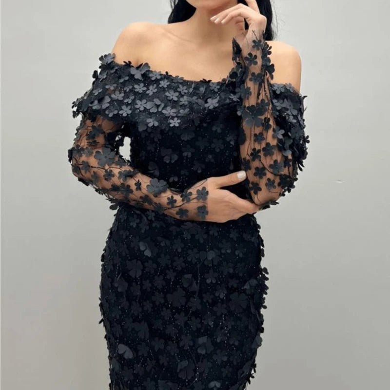 Floral Mesh Off Shoulder Slim Fit Party Long Dress for Women