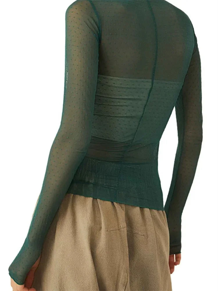 Sheer Mesh Polka Dot Turtleneck Long Sleeve Top for Women