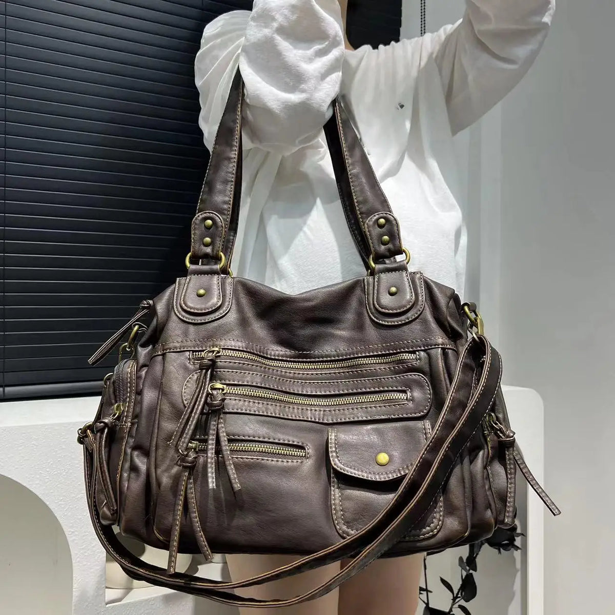 Washed Leather Look Crossbody Bag