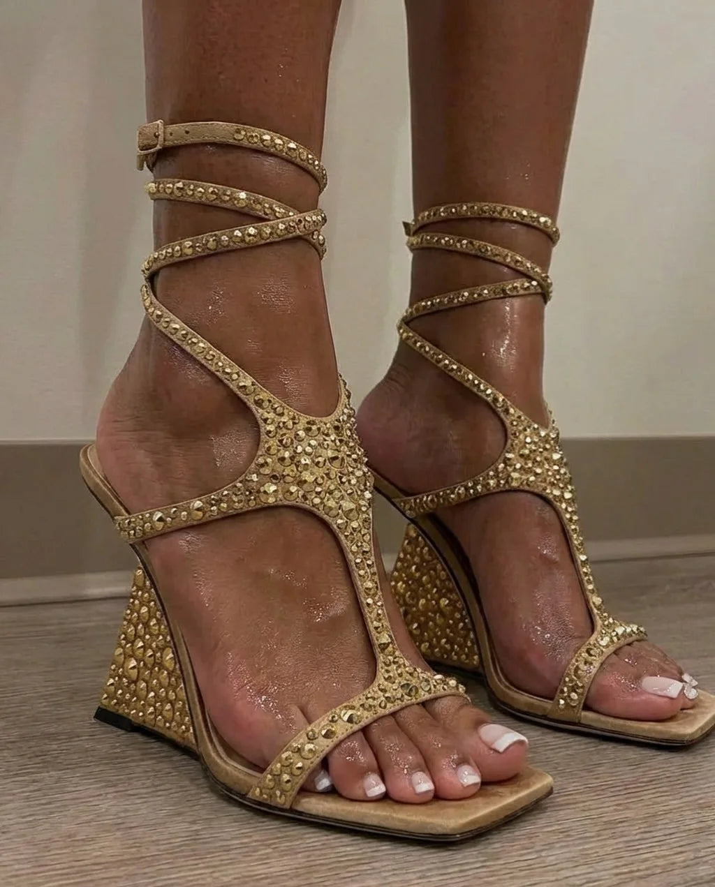 Gold Square Toe Crystal Wedge Sandals