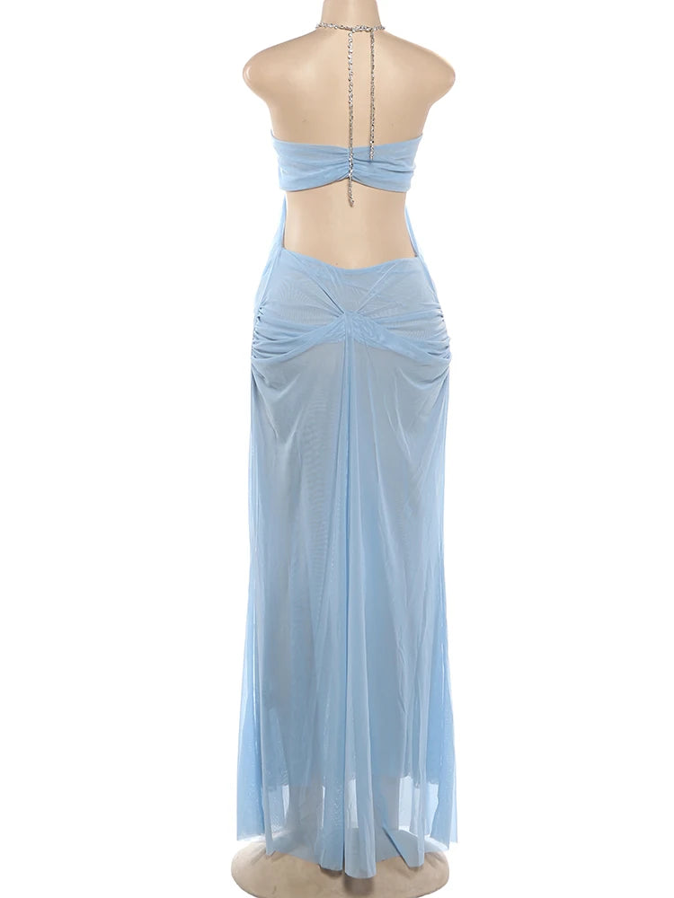See-Through Halter Chain With Sleeveless Low-Neck Backless Gown for Women