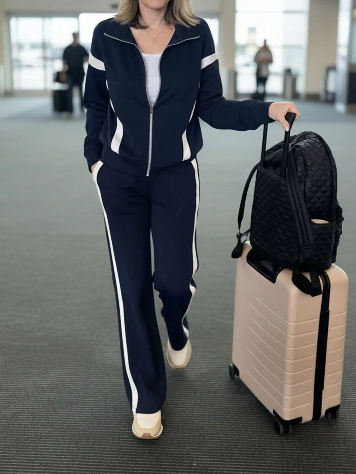 Contrast Long Sleeve Jacket And Striped Trousers Set for Women