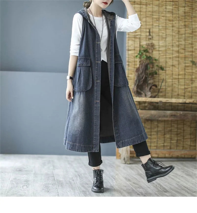Loose Fit Hooded Denim Vest With Big Pockets For Women