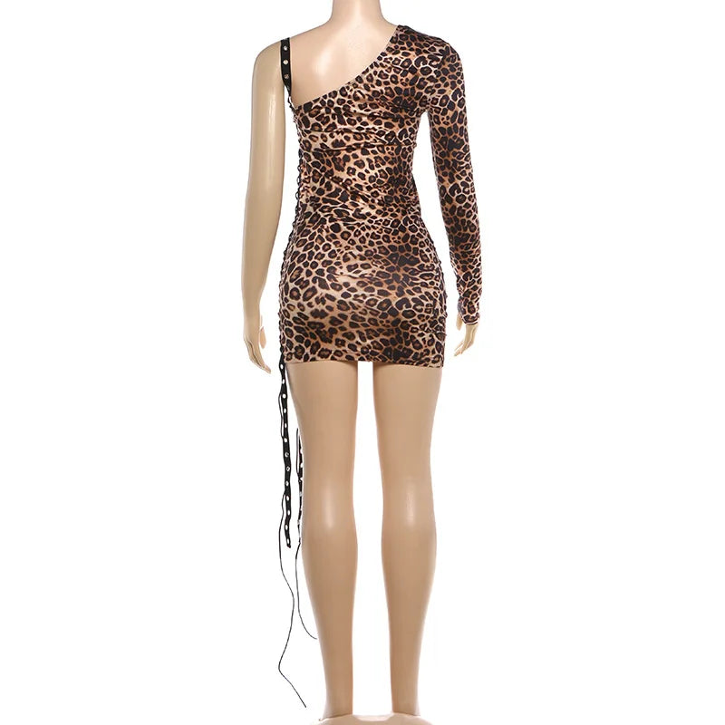 Leopard Print Off Shoulder Backless Bandage Patchwork Dress for Women