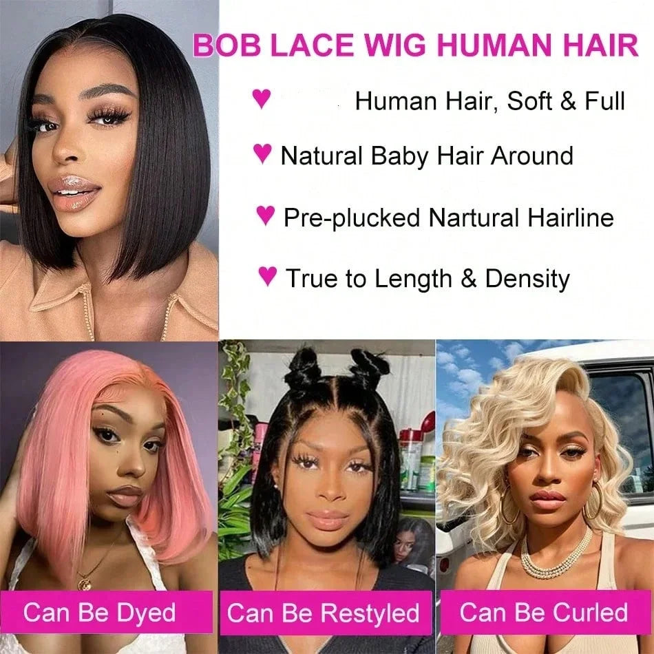 Short Bone Straight Human Hair Lace Front Bob Wig for Women