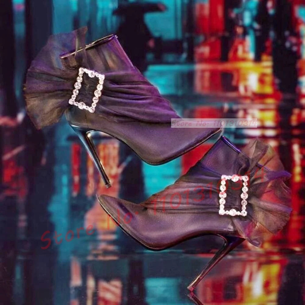See Through Mesh Crystal Buckle Ankle Booties for Women