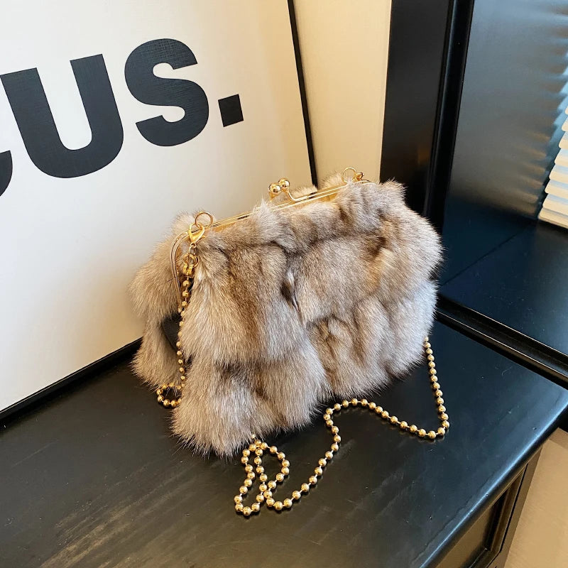 Luxurious Fox Fur Evening Clutch with Chain for Women