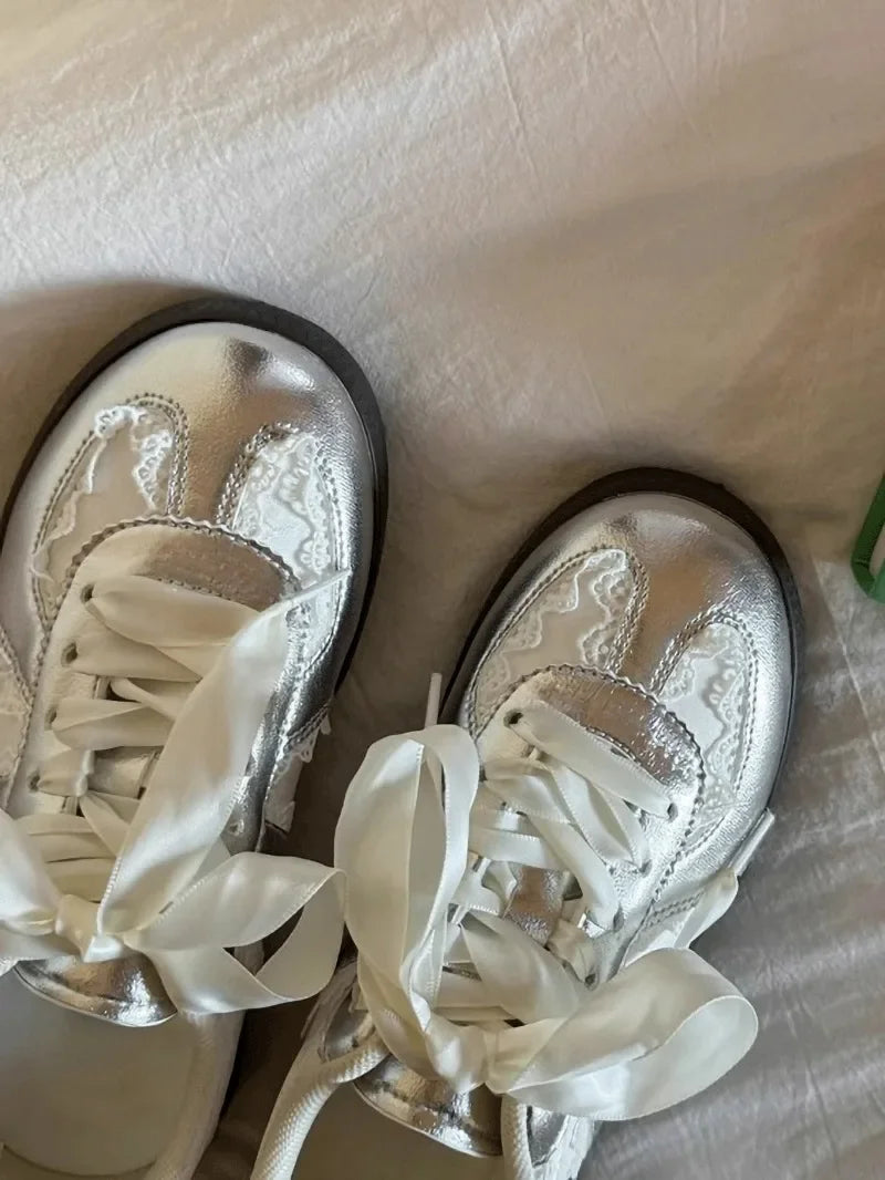 Cream French Lace Satin Ribbon Vintage Sneakers For Women